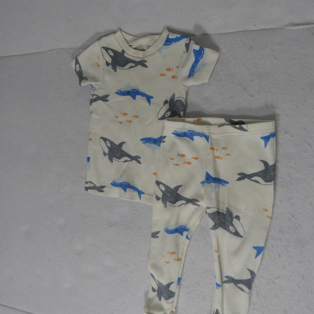 Carter's‎ Kids Pajama Set 18M Cream Shark Print Waffle Knit Thermal Snug Fit
